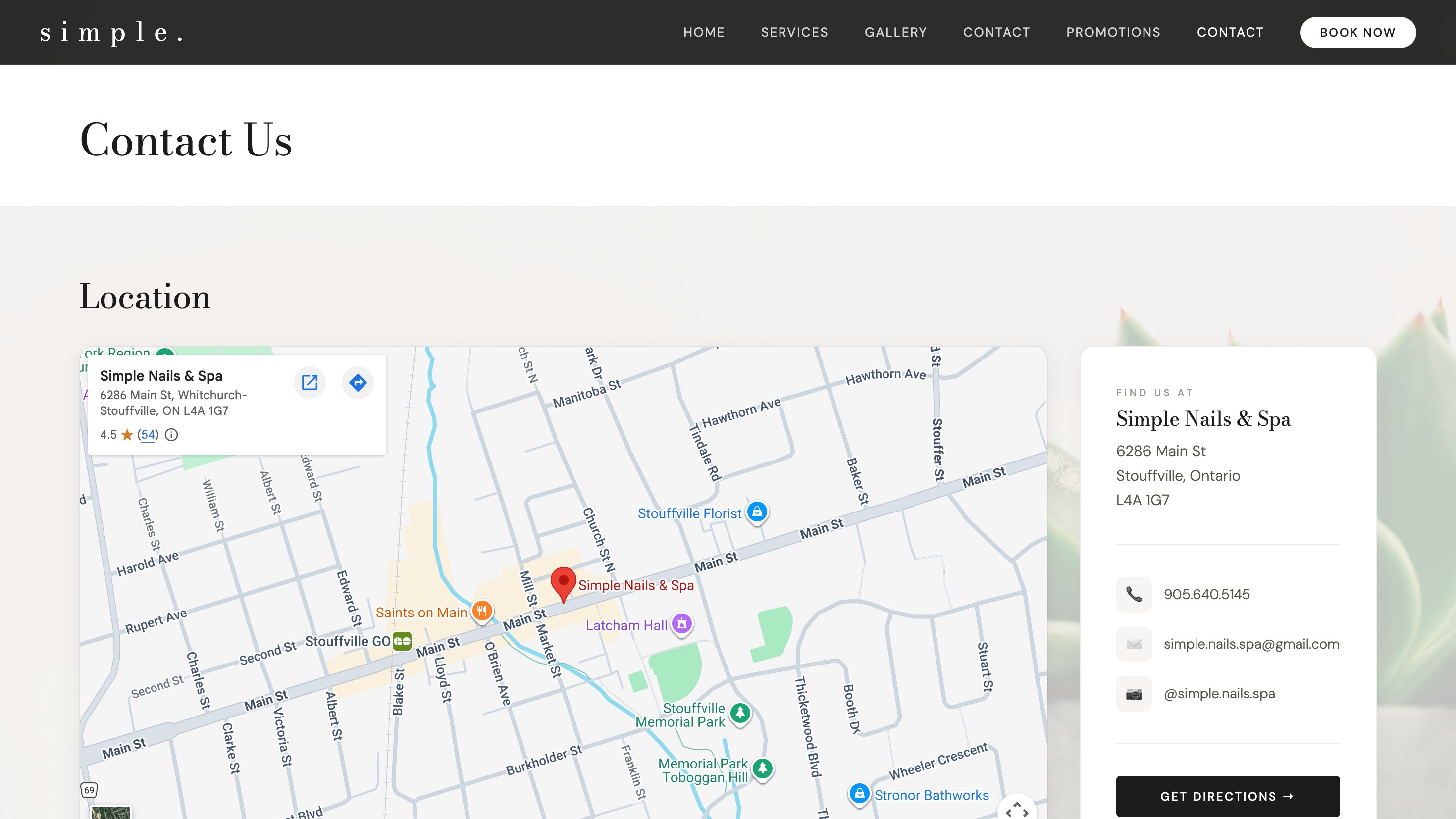 After — redesigned Simple Nails contact page with location map