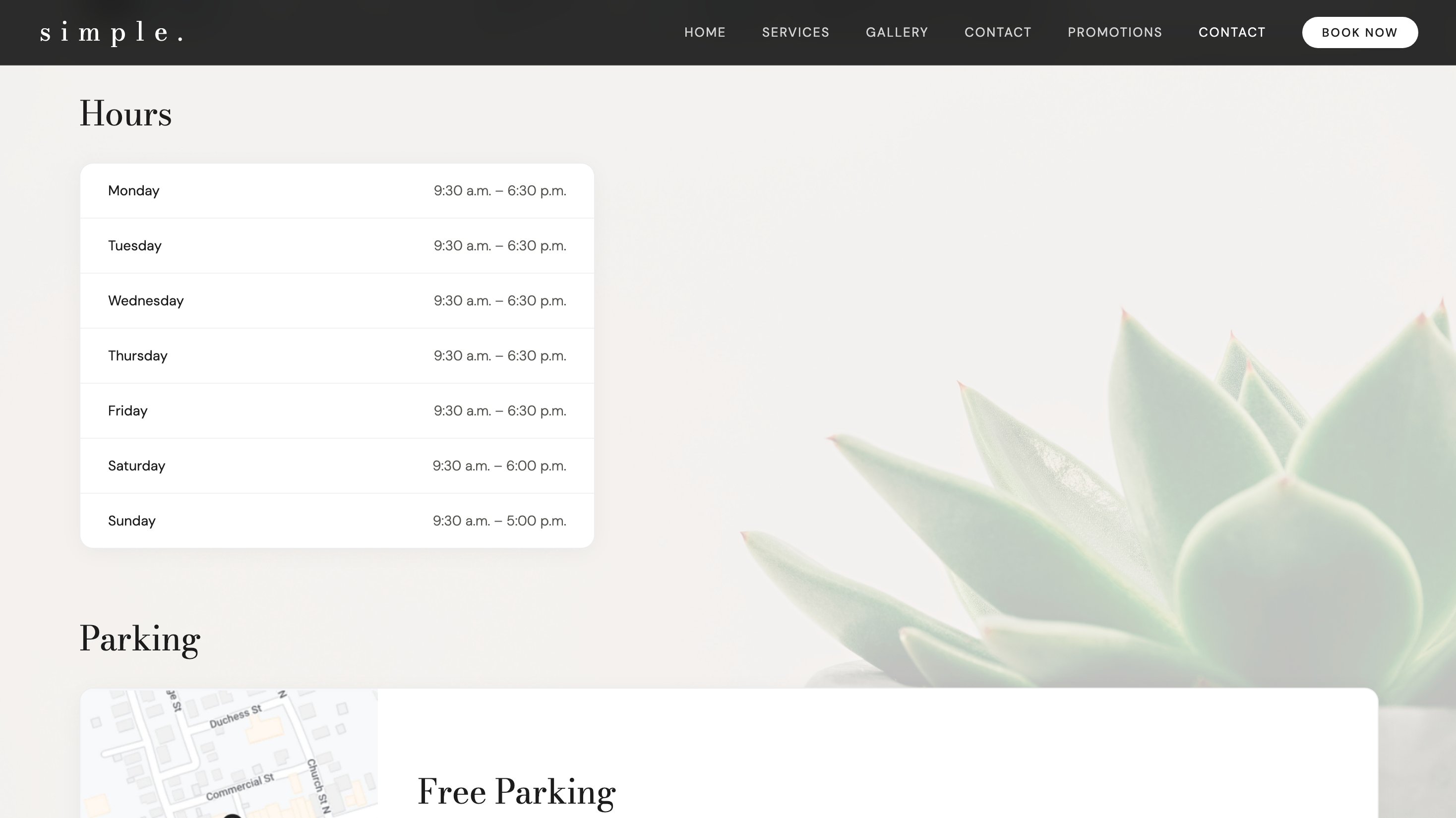 After — redesigned Simple Nails contact page with hours