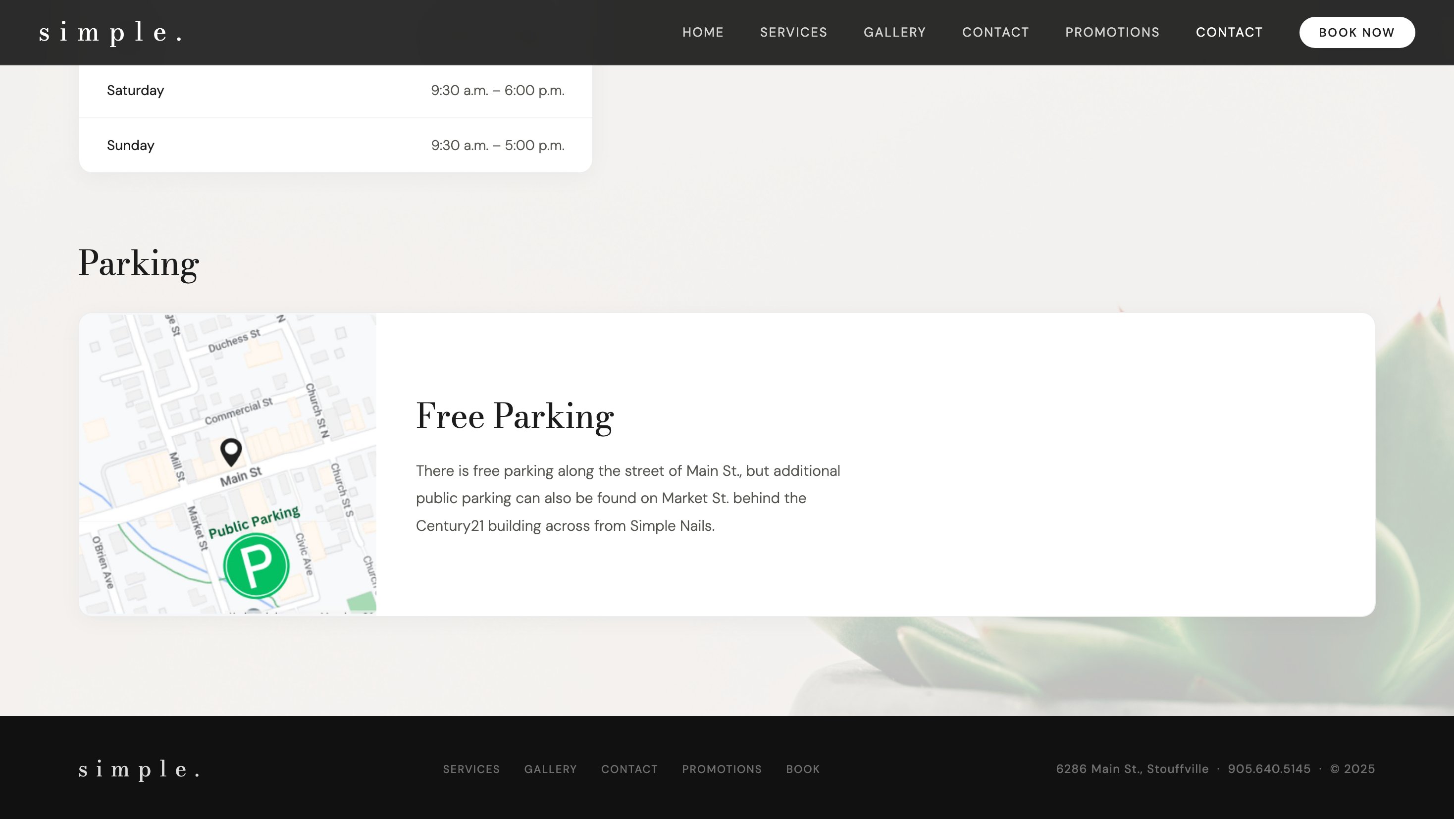 After — redesigned Simple Nails contact page with parking section