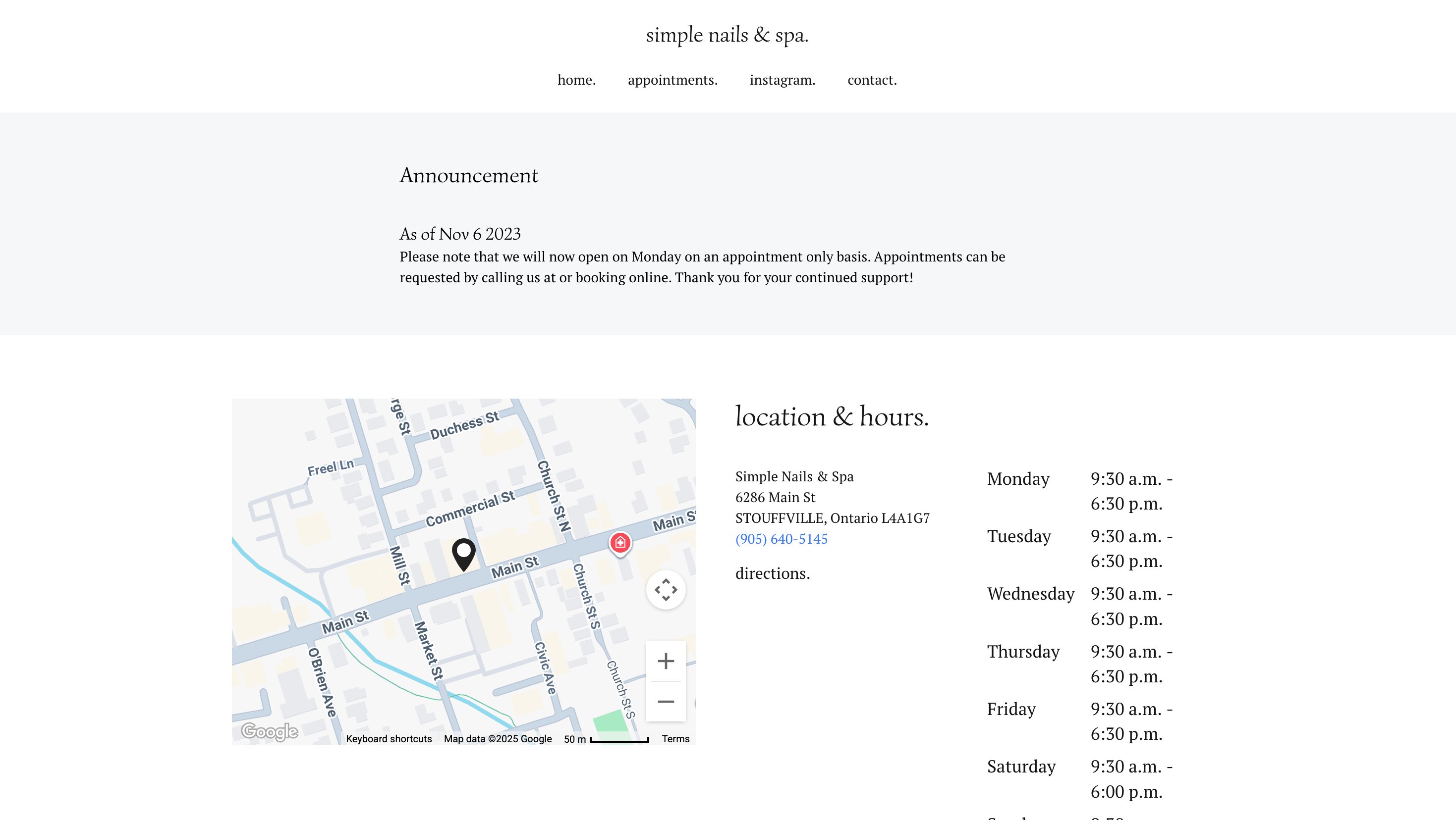 Before — old Simple Nails contact page with location and hours
