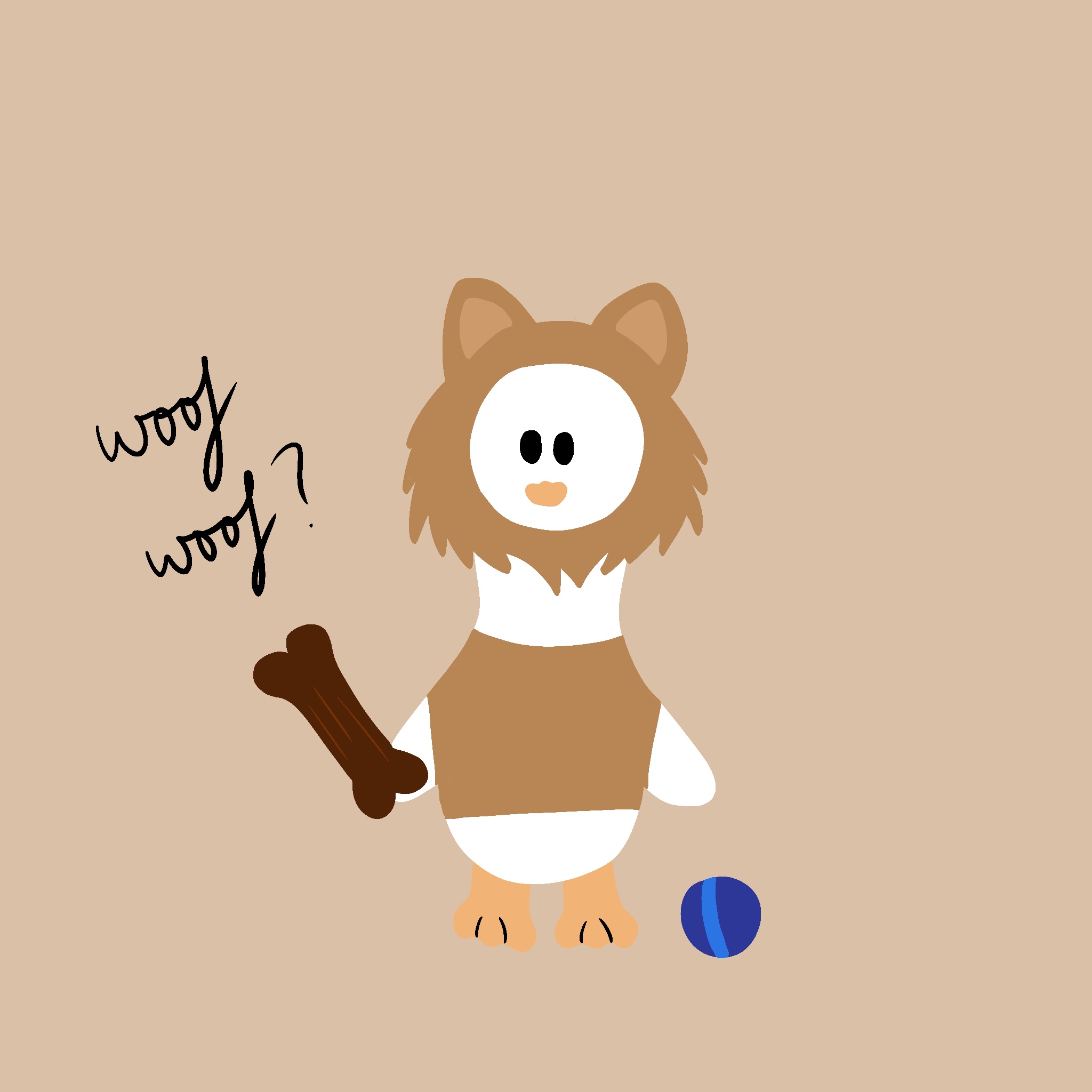 A duck dressed as a dog, holding a bone