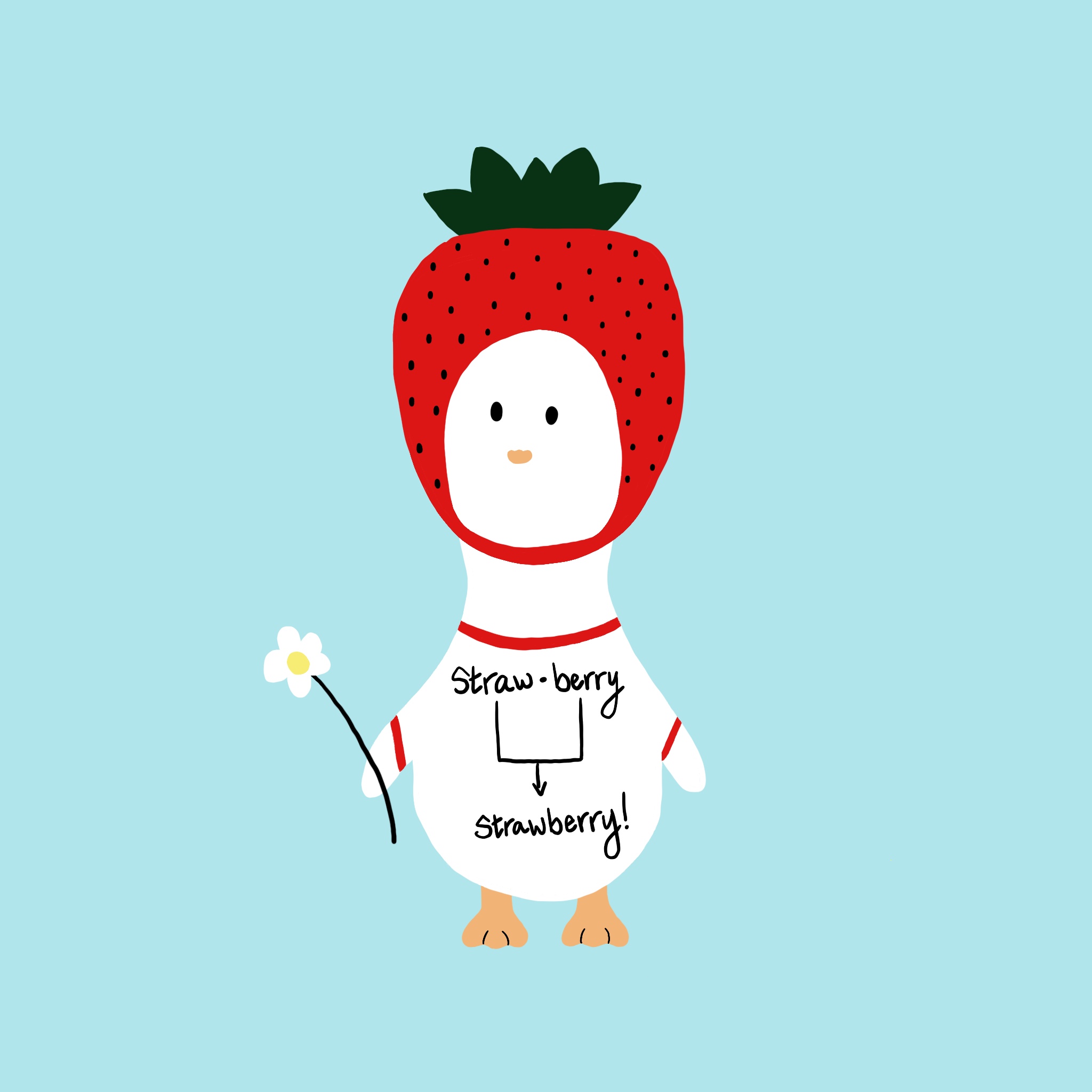A duck dressed as a strawberry