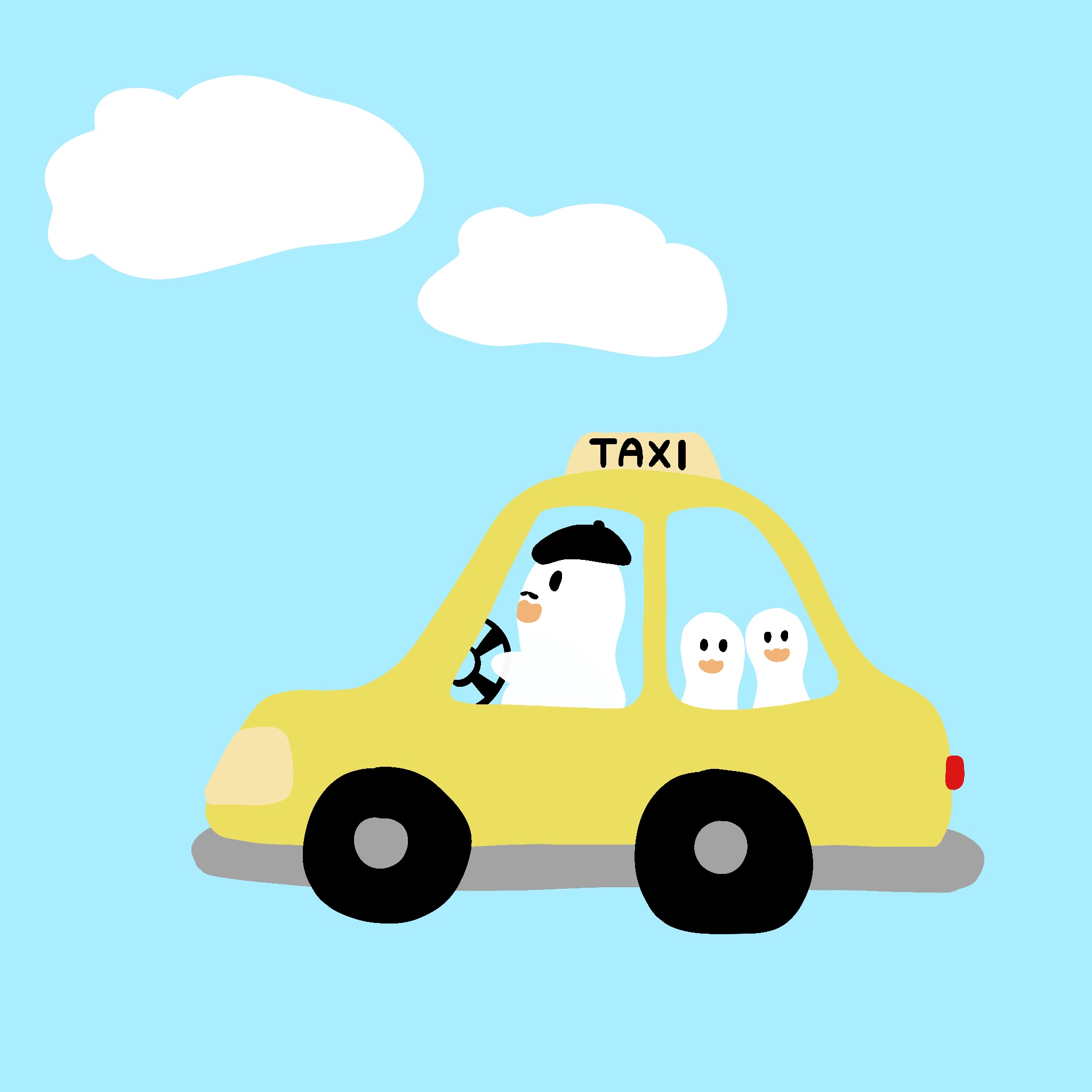 A duck dressed as a taxi driver, driving a yellow cab