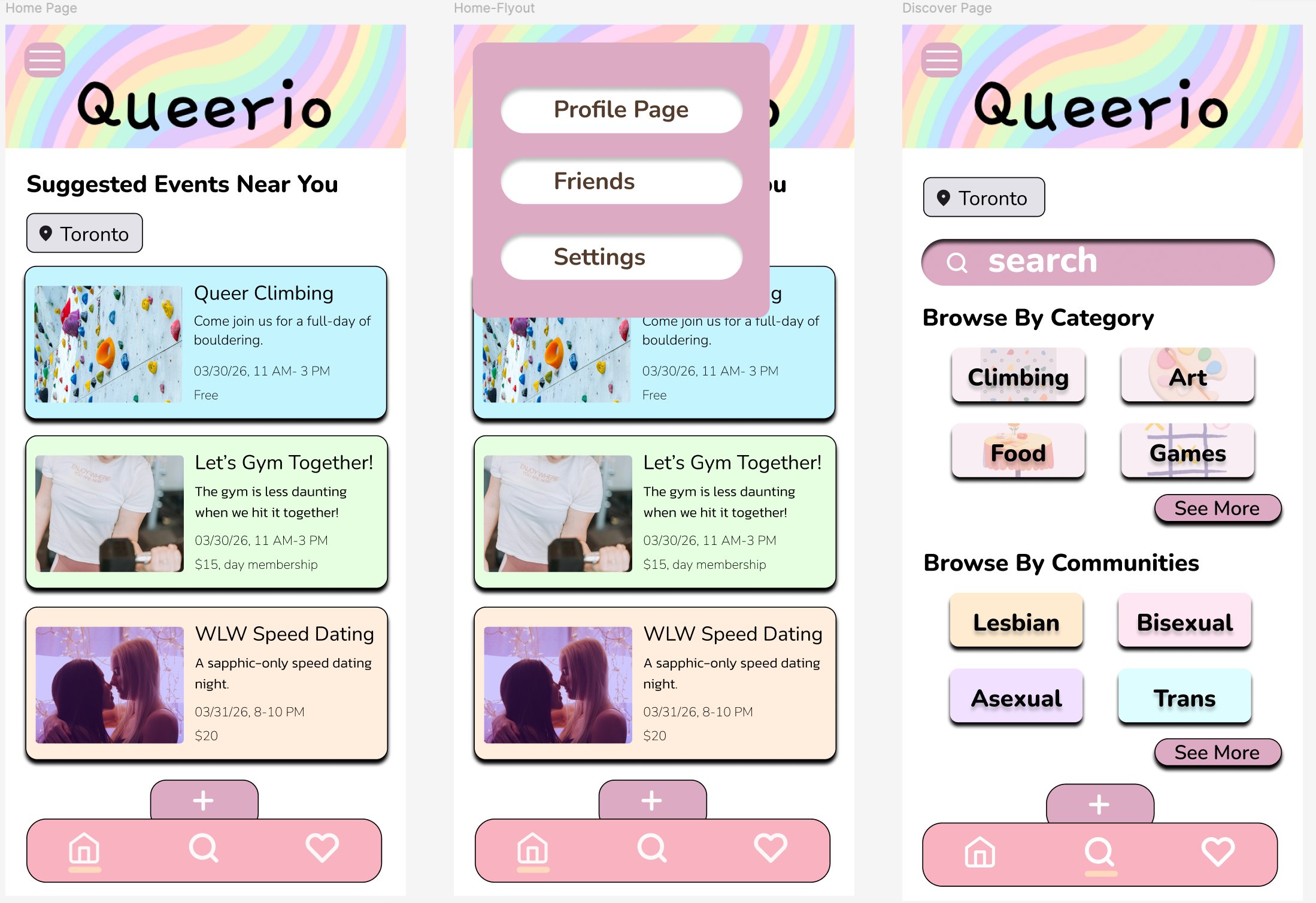 Queerio high-fi mockup screens 1