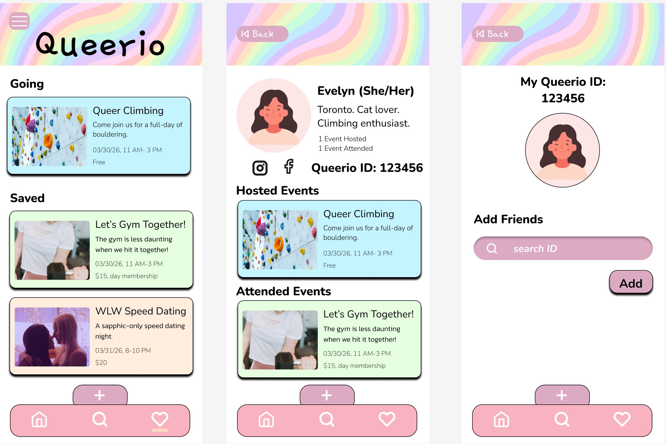 Queerio high-fi mockup screens 2