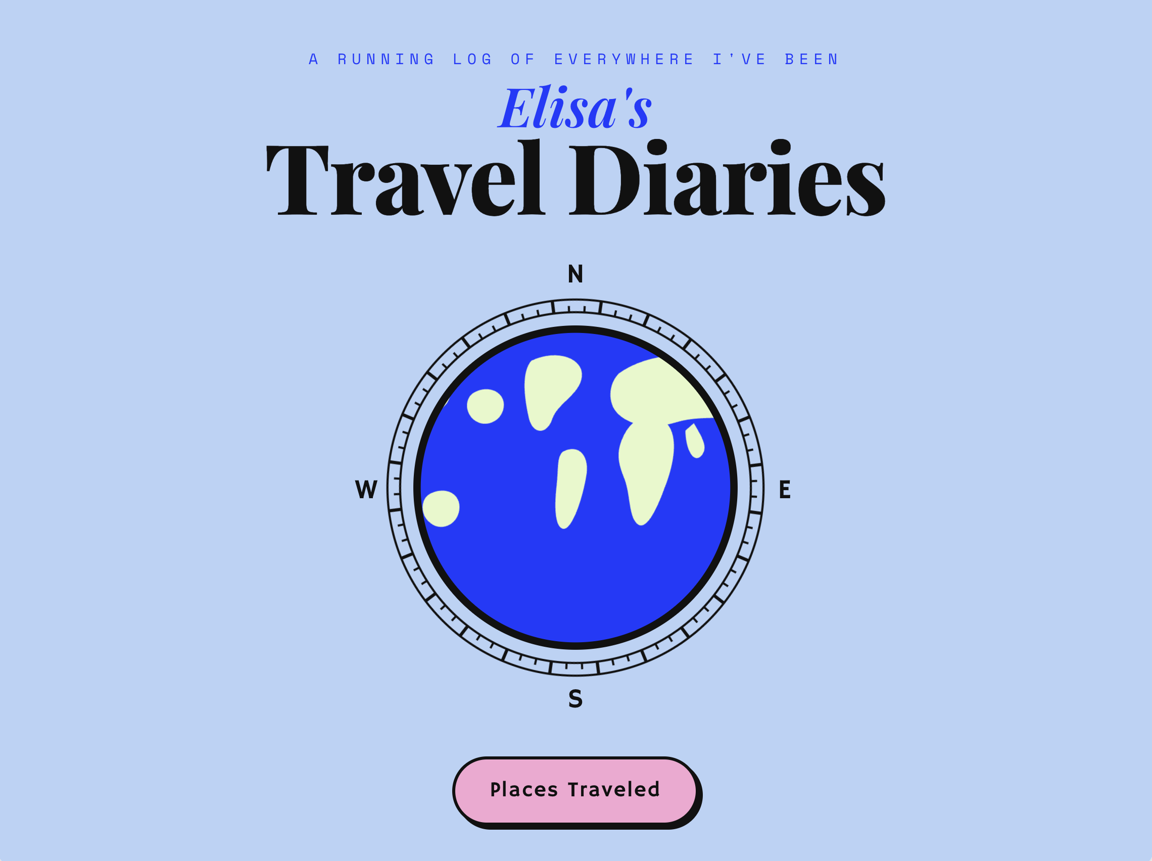 Elisa's Travel Diaries landing page — a rotating globe in a compass bezel above a Places Traveled button