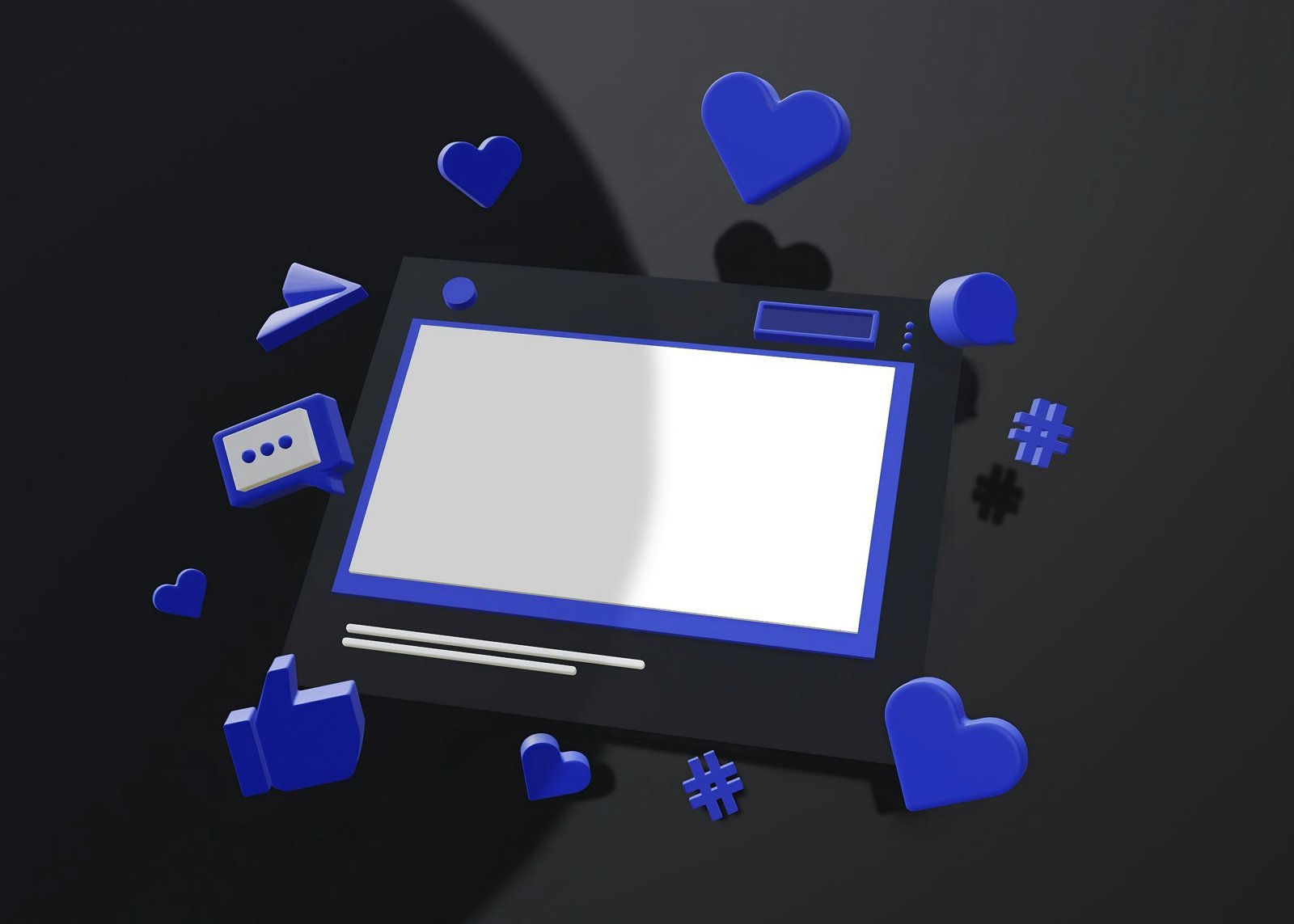 A stylized 3D illustration of a social media interface surrounded by hearts, likes, and hashtags